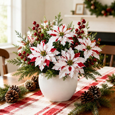 Paquet de 20 paquets de poinsettias artificiels rouges et blancs de 13,7 pouces, fausses tiges de poinsettias de Noël avec des baies rouges et des branches de pin, choix de fleurs artificielles pour guirlande de sapin de Noël, décoration de Noël, vase non inclus