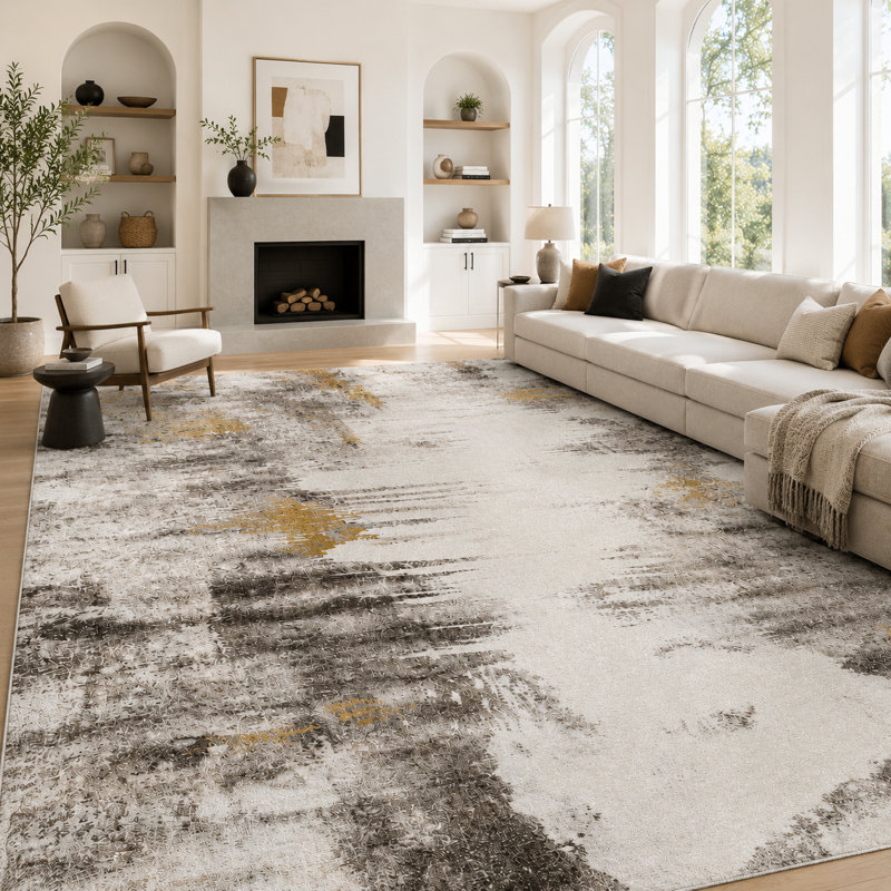 Modern Abstract Area Rug with Gold Accents, Distressed Grey White Carpet, Non-Slip Stain-Resistant Durable Rug for Entryway, Living Room, Bedroom, Home Office