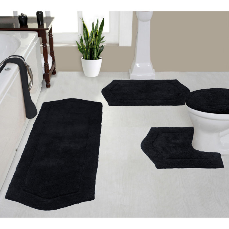 Waterford 4 Piece Bath Mat Set with Lid Cover, Quick Dry, Machine Washable Rugs, Absorbent, Black