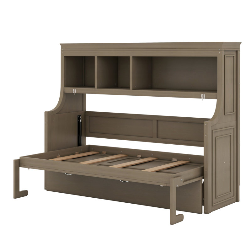 Lit escamotable avec bureau et tablettes de rangement, Gris