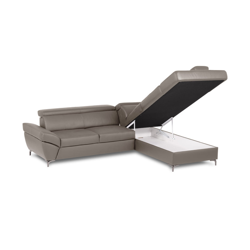 CAPRI Genuine Leather Corner Sofa with Pull-Out Bed and Storage and Adjustable Headrests, Right Hand Facing, Grey