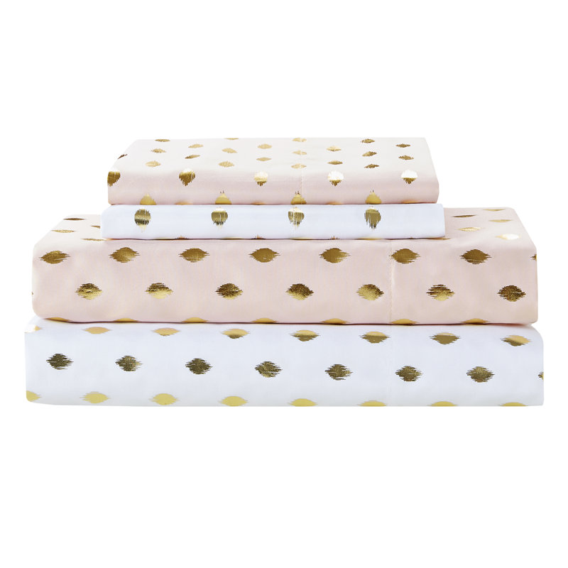 Ensemble de draps à pois métalliques, Ensemble de draps pour grand lit + un drap-housse , Rosé / doré