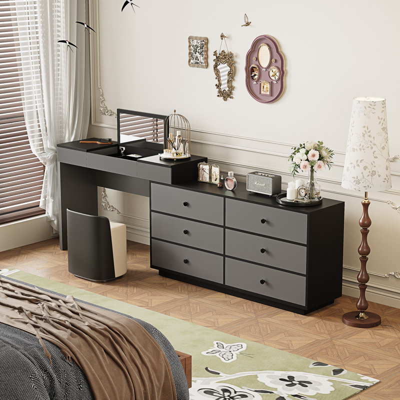 95.6'' Extendable Makeup Vanity Desk With Flip-Top Mirror And Storage Drawers Home Office Desk, Dark Gary