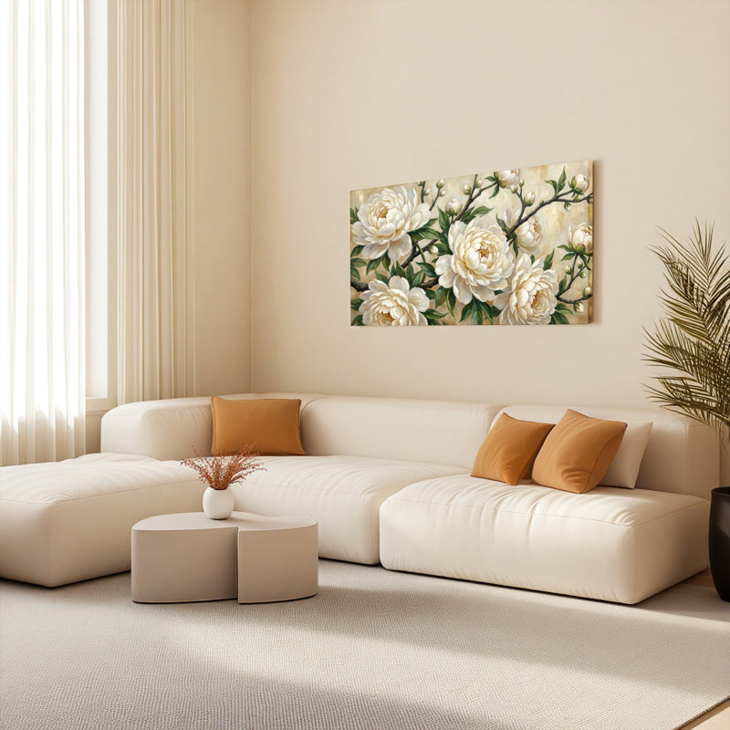 Ensemble de 1 tableau sur toile tendue à motif floral de pivoine blanche, H 28 po x l 58 po