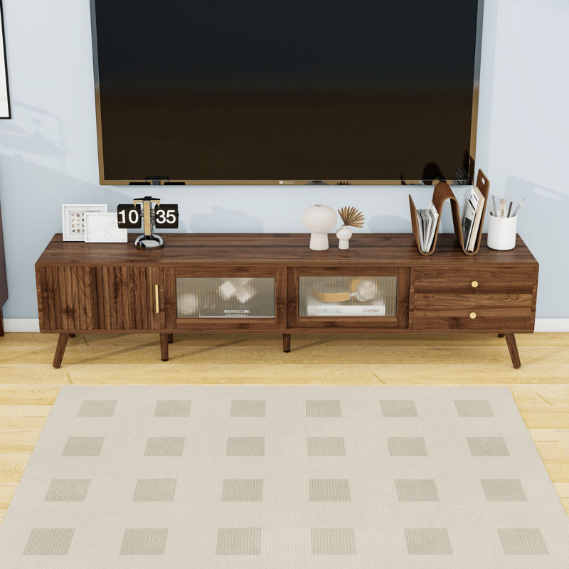 TV Stand with Textured Glass Sliding Doors, Drawers, Cabinets and Cable Management, Walnut