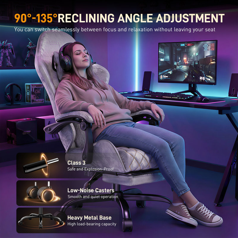Metro Lane Adjustable Reclining Ergonomic Swiveling PC & Racing Game Chair with Footrest, Silver
