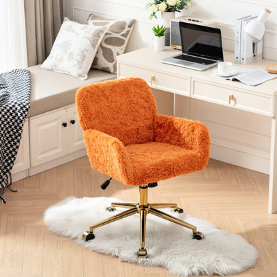 Chaise de bureau orange avec coussin en laine d'alpaga artificielle, base en métal doré, 320 mm, inclinable et pivotante, en laine, grande taille (40 pouces), idéale pour la chambre.
