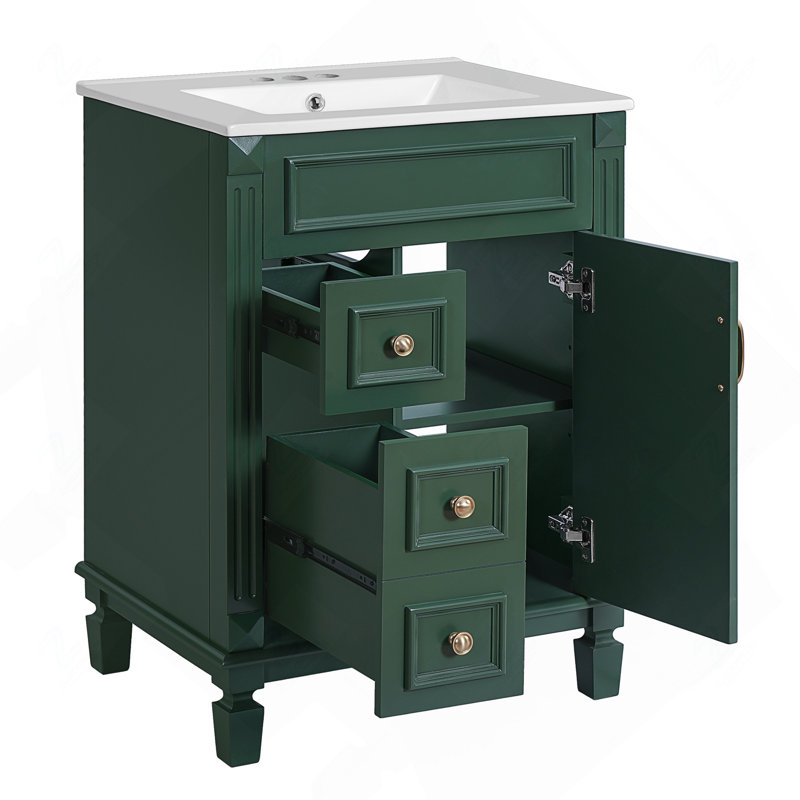Meuble-lavabo 24 po avec lavabo en céramique, petite armoire de salle de bain moderne, 2 tiroirs et tablette réglable, Green