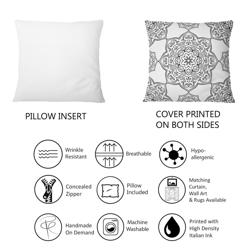 Coussin décoratif gris à imprimé mandala gris sur fond blanc
