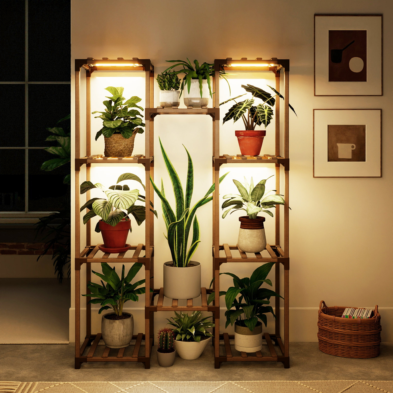 Winston Porter Plant Stand with Grow Light, 10-Tier Eucalyptus Wood Plant Shelf for Indoor/Outdoor Use, Warm Light Fixture for Home Decor & Reviews | Wayfair