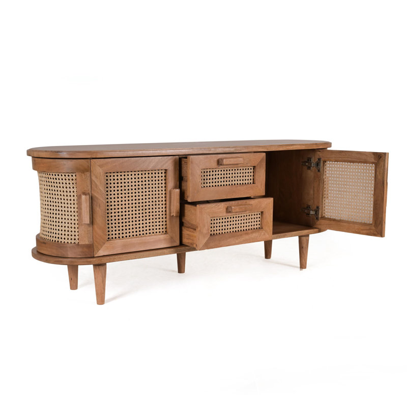 Solid Mango Wood TV Media Stand With Cane Doors & Drawers – Light Oak Finish Media Console Cabinet, No Veneer Entertainment Center, Fully Assembled With Legs To Attach, Mid Century Modern TV Unit