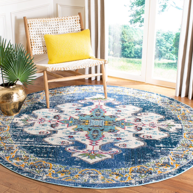 Felty Oriental Blue/Gray/Beige Area Rug, Round 3'