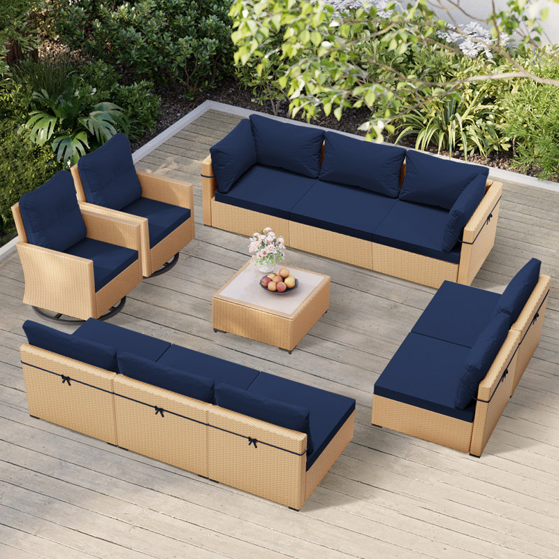Ensemble de conversation pour 10 personnes avec coussins, Jaune, Bleu marine