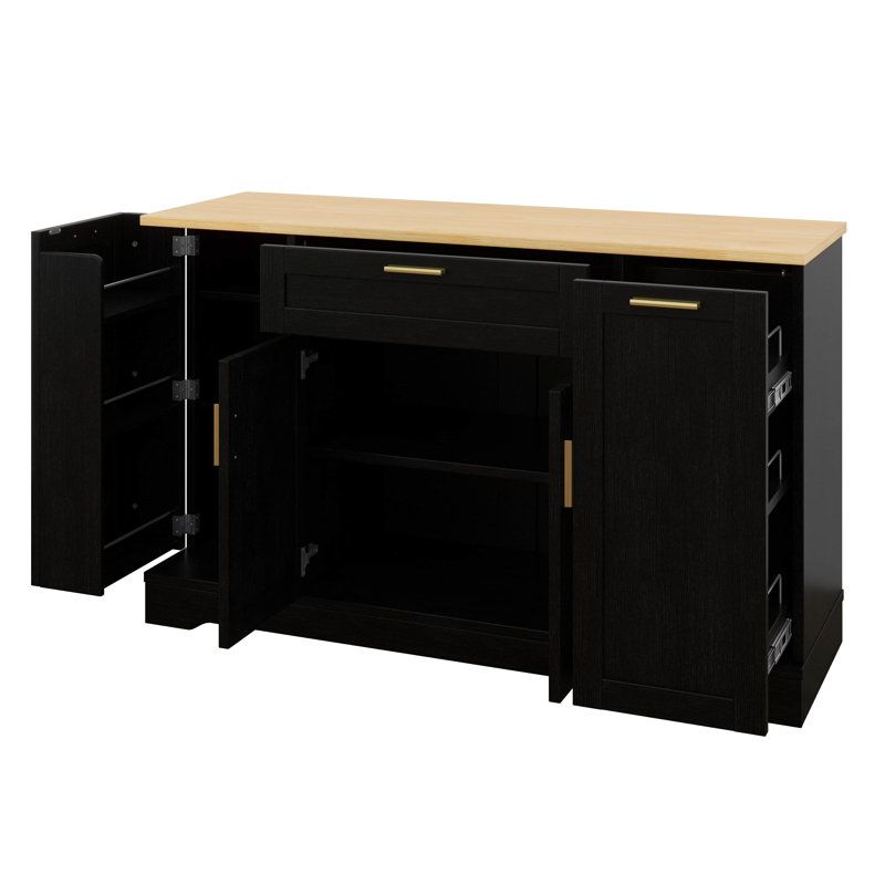 Kitchen Storage Sideboard, Extendable Dining Table, Adjustable Shelves, 3-Tier Pull-Out Rack, Black