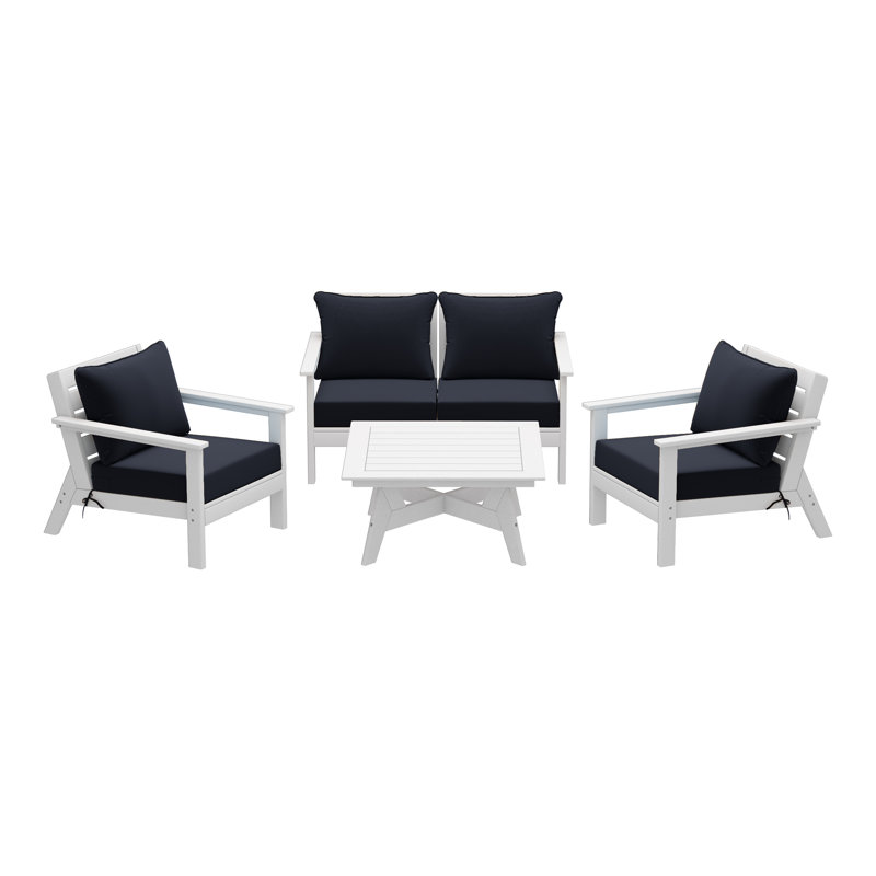 5-Piece Deep Seating Set, White, Navy Blue