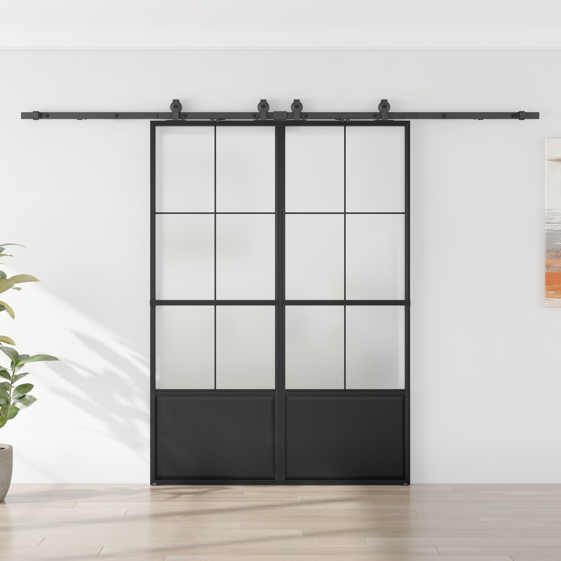 3/4 Lite Metal and Glass Double Barn Door with Installation Hardware Kit and Soft-close, Frosted Glass, 72" x 84"