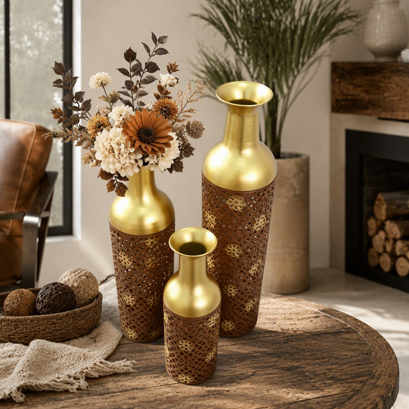 Ensemble de 3 vases décoratifs en métal à motif de feuilles rustiques