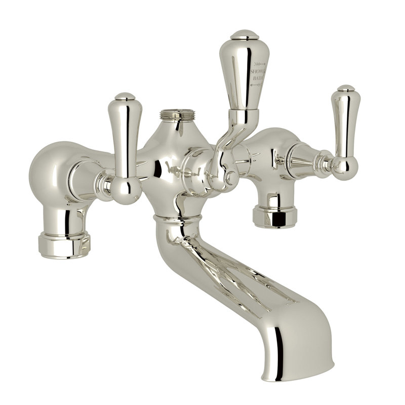 Georgian Era Triple Handle Deck Mounted Clawfoot Tub Faucet, Polished Nickel, Metal Lever Handle