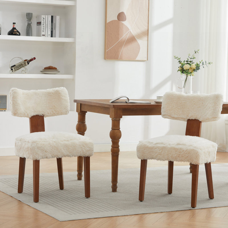 Ensemble de 2 chaises de salle à manger sans accoudoirs modernes en tissu de lin avec pieds en bois massif, Ivoire