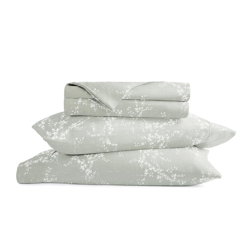 4 Piece Delicate Details Pattern Sheet Set, Distressed Willow Green Mist Floral, King Sheet Set with 2 King Pillowcase