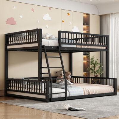 Floor Bunk Bed, Metal Frame with Ladder, Guardrails, No Box Spring Needed