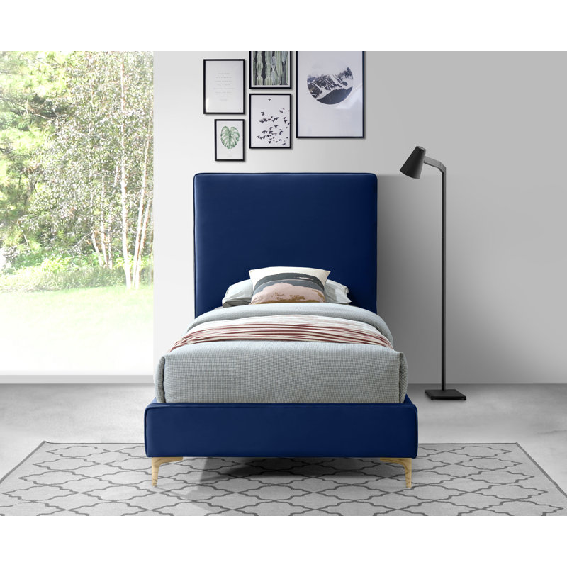 Upholstered Platform Bed, Twin, Navy Velvet