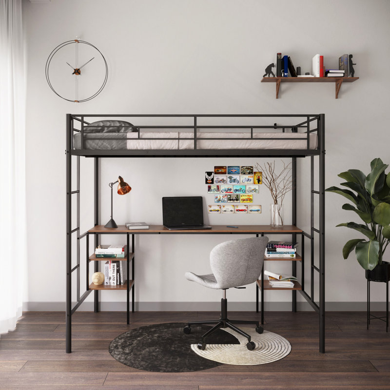 Lit mezzanine avec table et tablettes / Métal robuste / Table et tablettes intégrées / Bruit réduit / Barrière de sécurité / 2 échelles latérales / Certifié PCC / Aucun sommier tapissier requis