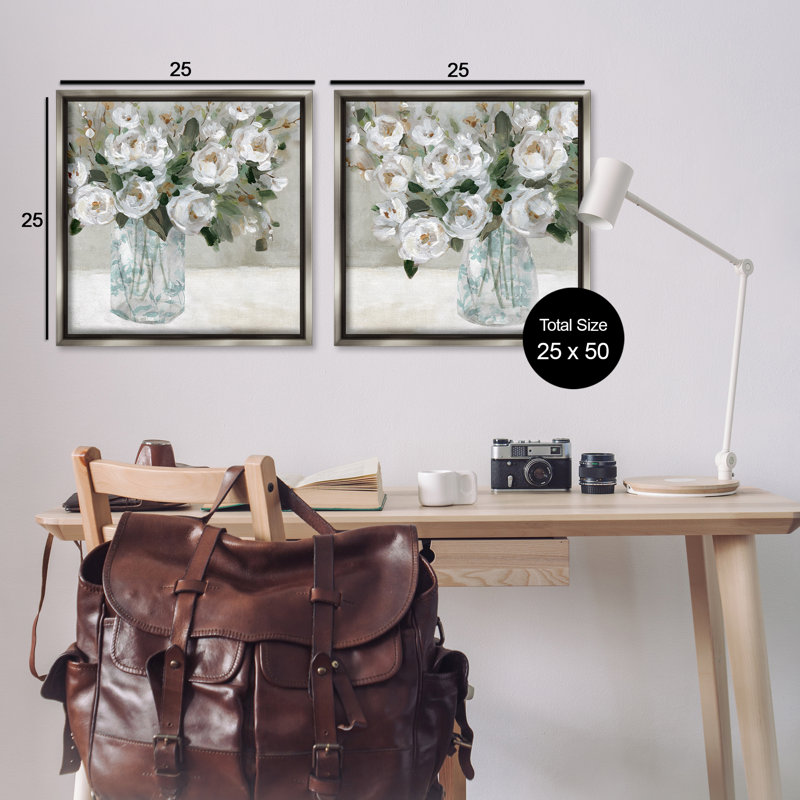 «Blooming White Rose Bouquets», ensemble de 2 toiles flottantes encadrées par Carol Robinson, H 25 po x l 25 po