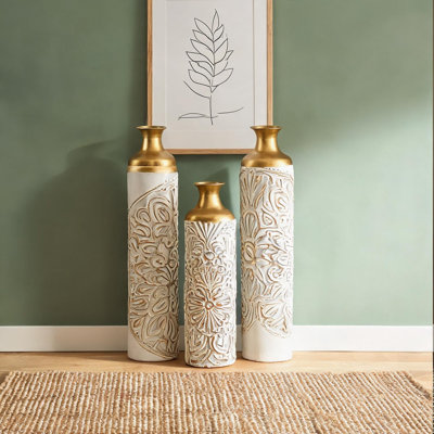 Living Room Floor Vase Set of 3 White Metal with Gold Accents 24.4 Inches Tall Easy Assembly