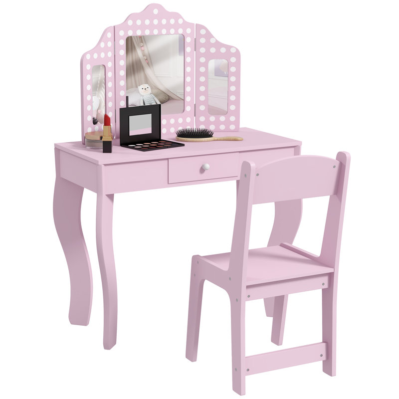 Bowmanville Kids Dressing Table with Tri-Fold Mirror, Stool, 3-8 Years Pink