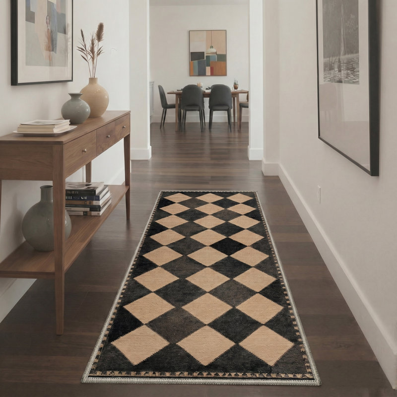 Abdellah Geometric Diamond Beige / Charcoal Indoor Area Rug,Machine Washable,With Non-Slip Backing, Runner 2' x 7'