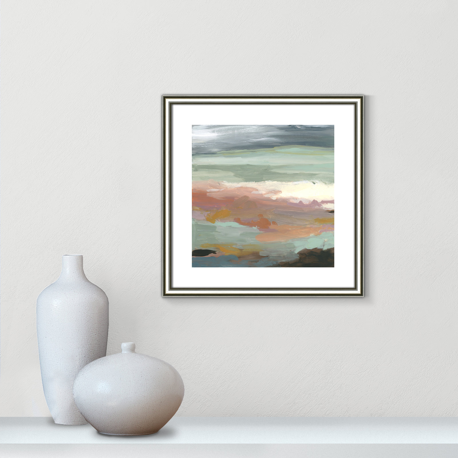 Bingham "Ocean Bluffs" Painting by Carol Robinson, 18.25" H x 18.25" W, Picture Framed Paper, White Wood