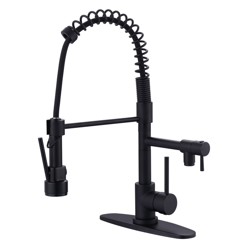 2-Spout Single Handle Pull Down Sprayer Kitchen Faucet With Advanced Spray In Solid Brass, Matte Black