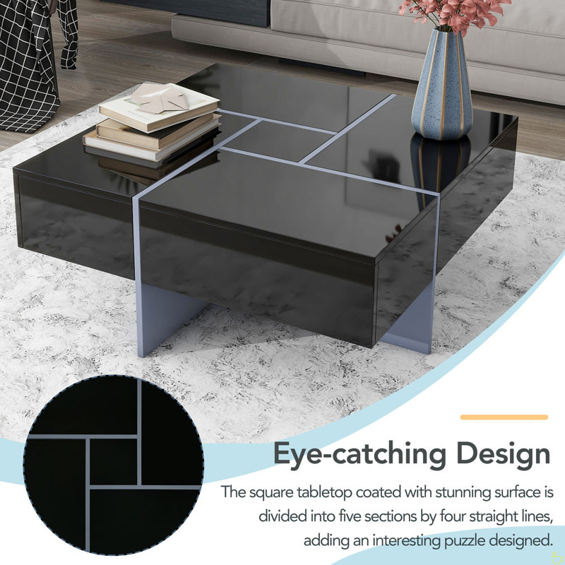 Coffee Table With 4 Hidden Storage Compartments, Square Cocktail Table With Extendable Sliding Tabletop