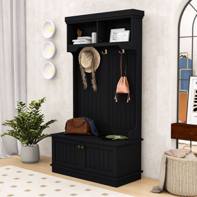 Hall Tree with Storage Shoe Bench, Hooks, Cabinet and Display Shelves