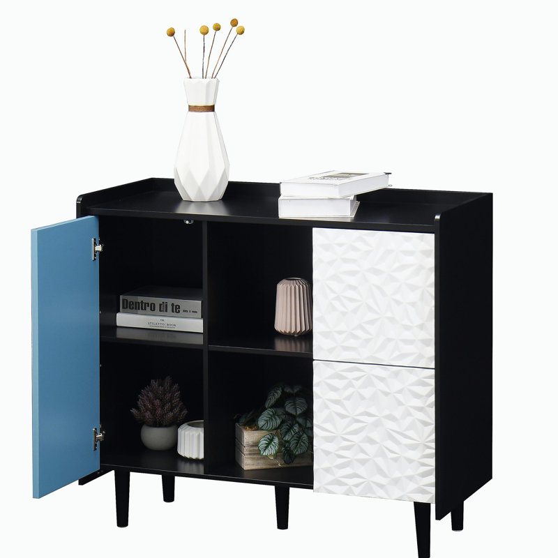 Buffet avec buffet, armoire de rangement noire avec portes, 2 tiroirs au style de panneau unique et 2 compartiments de rangement ouverts, armoire d'appoint de style café moderne