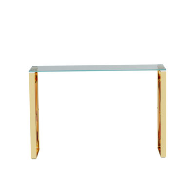 Console Table In Golden - Stainless Steel, Transparent Glass Combination With Slip Pad On Steel Legs And Top