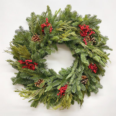 Natural Fresh Evergreens and Dried Flower Holiday Cedar, Red Berries, and Pine Cones Wreath