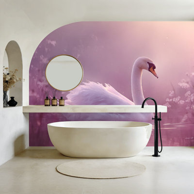 Papier peint adhésif rose rose avec des cygnes rosés flottant au milieu de brouillard doux, papier peint floral H 100 po x l 144 po, papier mural amovible en PVC, adhésif pour le salon de la chambre, bureau à domicile
