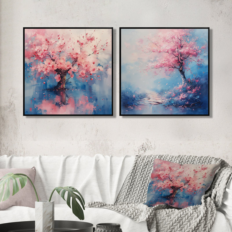 Fleur de cerisier en fleurs rose et bleu printemps I - art mural fleur de cerisier - art mural traditionnel sur toile 2 pièces