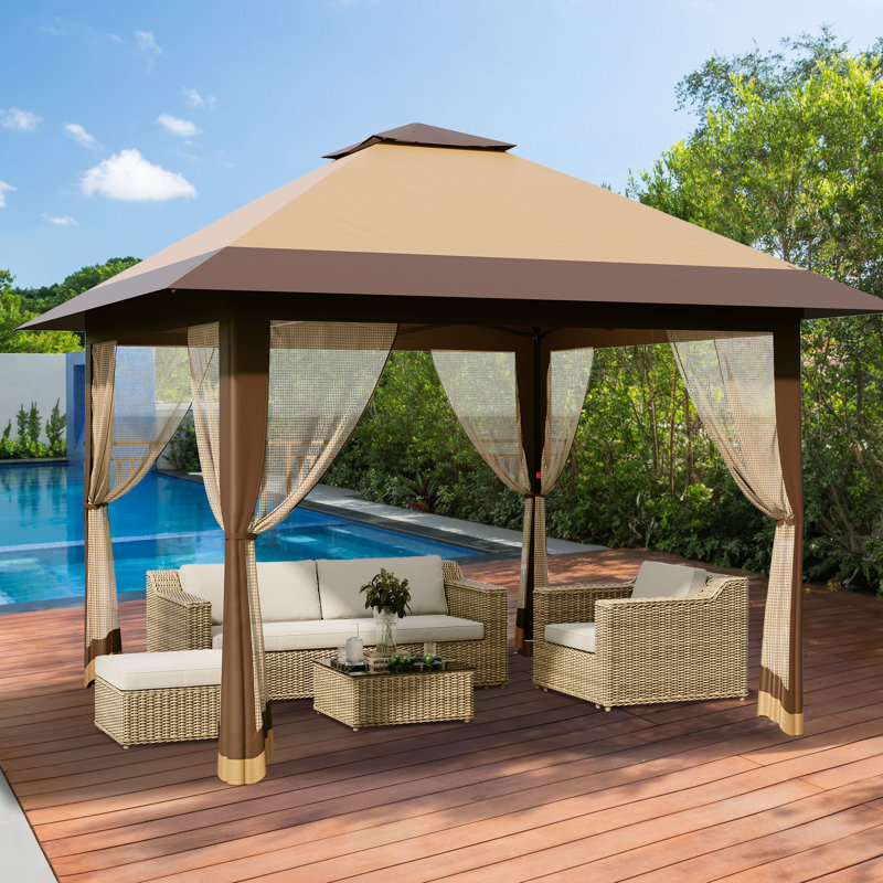 13x13 Pop-Up Gazebo with Double Roof and Mosquito Netting – Waterproof UV-Resistant Patio Canopy Tent, Khaki