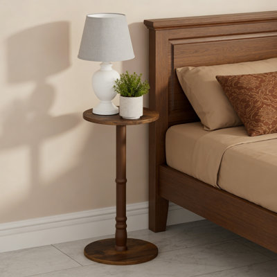 12 Inch Round Side Table, Solid Wood Pillar With Wood Top & Base, Small Drink Accent Table For Living Room Bedroom Sofa, Rustic Brown