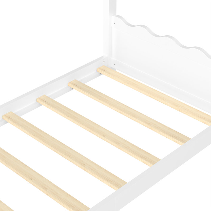 Twin House Floor Bed With Slats & Wood, Opening Constructure, Twin, White