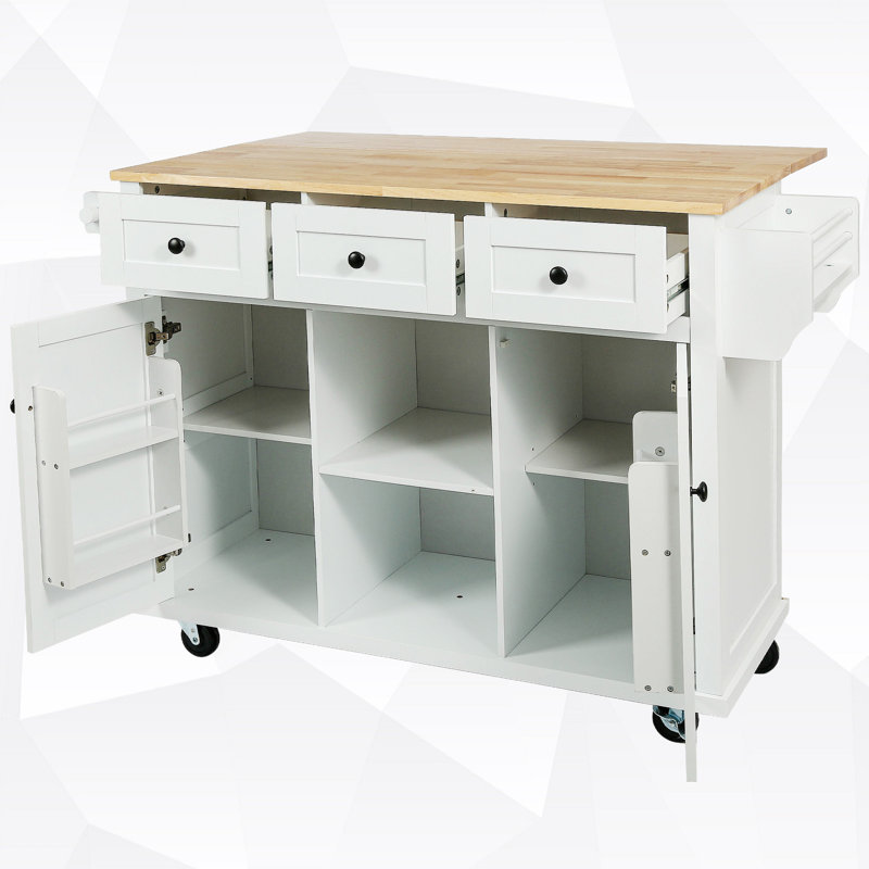Kitchen Island with Solid Wood Drop-Leaf & 3 Storage Drawers, White
