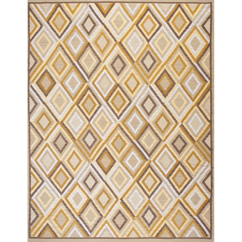 Tapis en laine noué à la main de conception unique 9 pi x 12 pi moutarde / brun / blanc / beige