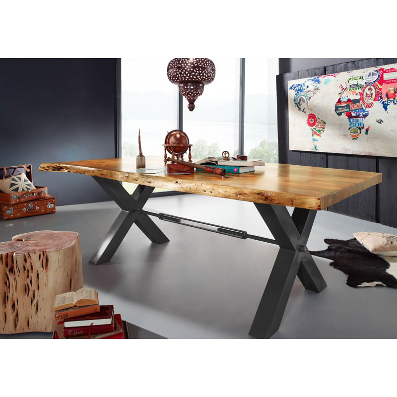 Iron Label Acacia Solid Wood Top Metal Base Dining Table, Dark Anthracite, H76 x L240 x W110cm