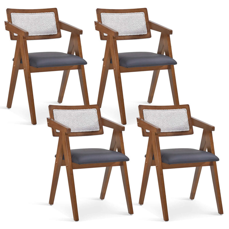 Ensemble de 4 chaises d'appoint modernes avec coussins de siège et dossier en sherpa Leathaire, Similicuir noir, Noyer