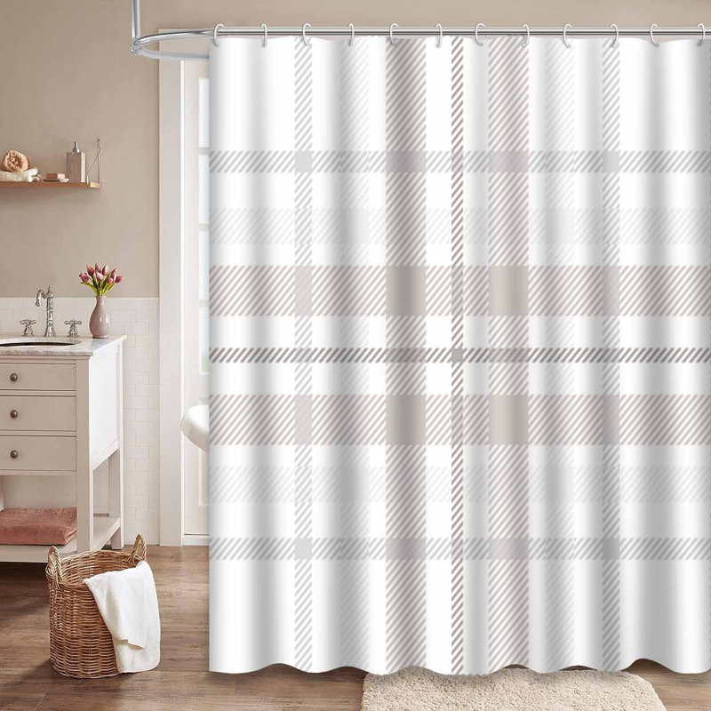 Rideau de douche en tissu beige à carreaux gris avec 12 crochets, L 72 po x l 78 po