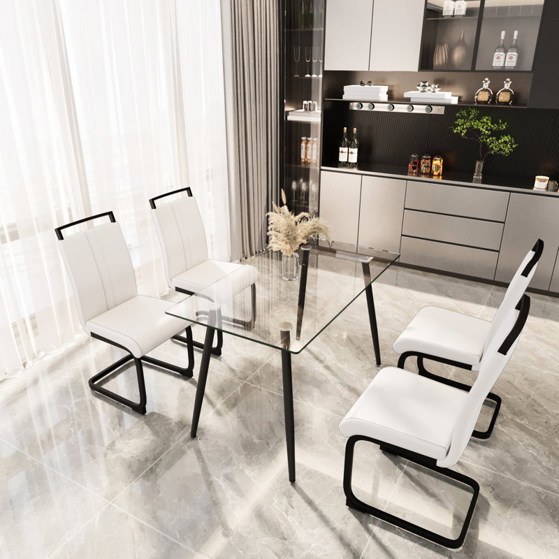 Table de salle à manger 5 pièces en verre moderne avec pieds en métal noir et chaises ergonomiques en polyuréthane pour un repas en famille, un plateau de table carré de 51 pouces convient facilement à 4 personnes dans la cuisine ou la pièce, sans accoudoirs et une atmosphère détendue