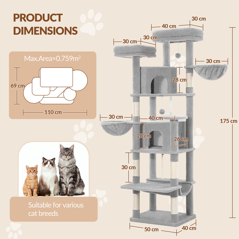 Cat Tree, 50 x 40 x 175 cm, Light Grey